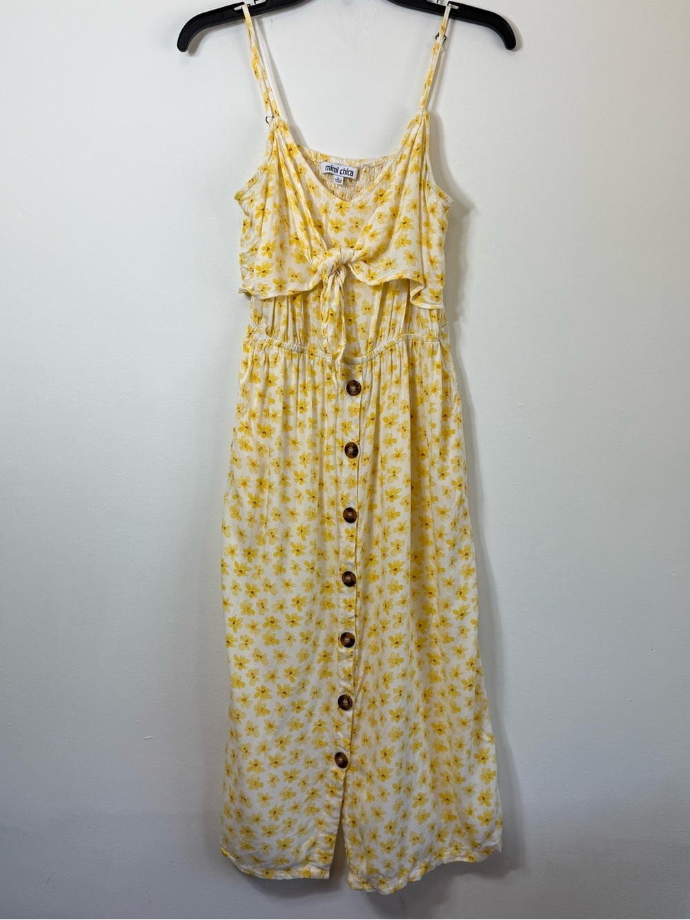 Mimi Chica Yellow Floral Tie Front Button Down Midi Dress Cottagecore Size L
